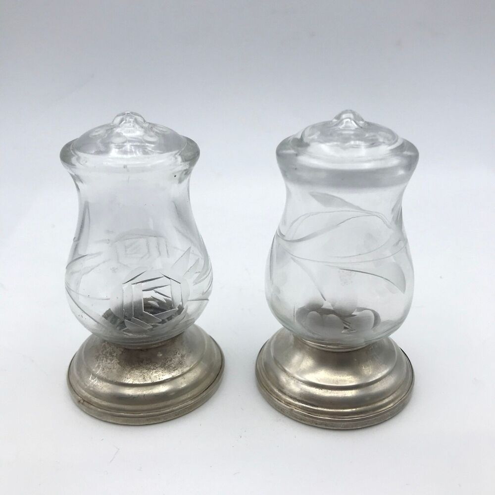 Antique Quaker Silver Co Etched Glass Salt Pepper Shakers Sterling Silver #700